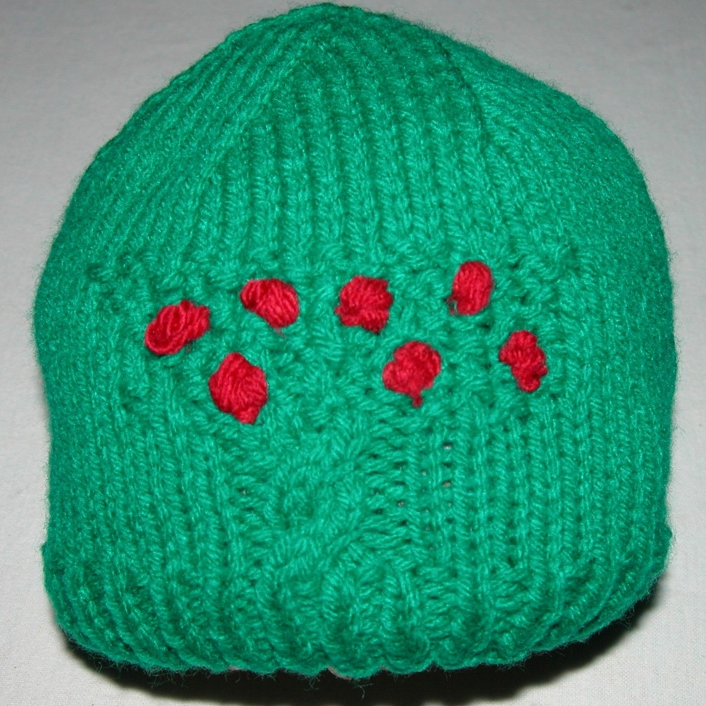 Hand Knitted Green/Apple Tree Design Baby Hat New
